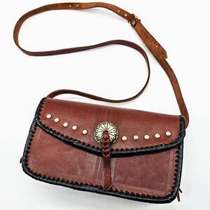 Vintage Four Winds Leather Crossbody Purse Handbag,Pewter Accents Western Boho